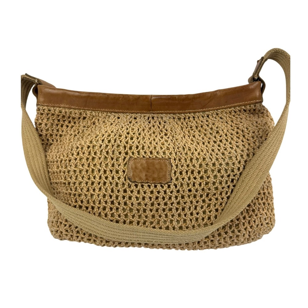 Richmark Vintage Crochet Leather Trim Shoulder Bag Tan Boho Hobo Made in USA